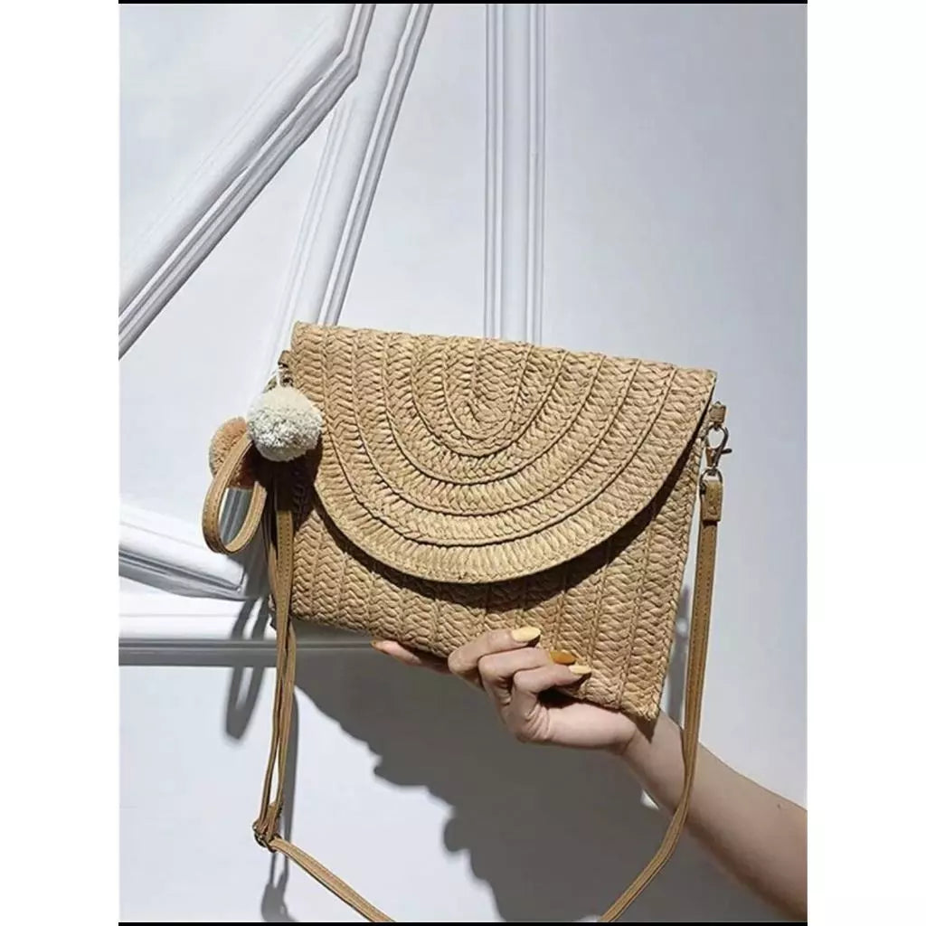 Bolsa Carteira Clutch De Palha Trançado De Ver¤o Alça deMäo Com Alça Regulável Moda Praia com forro