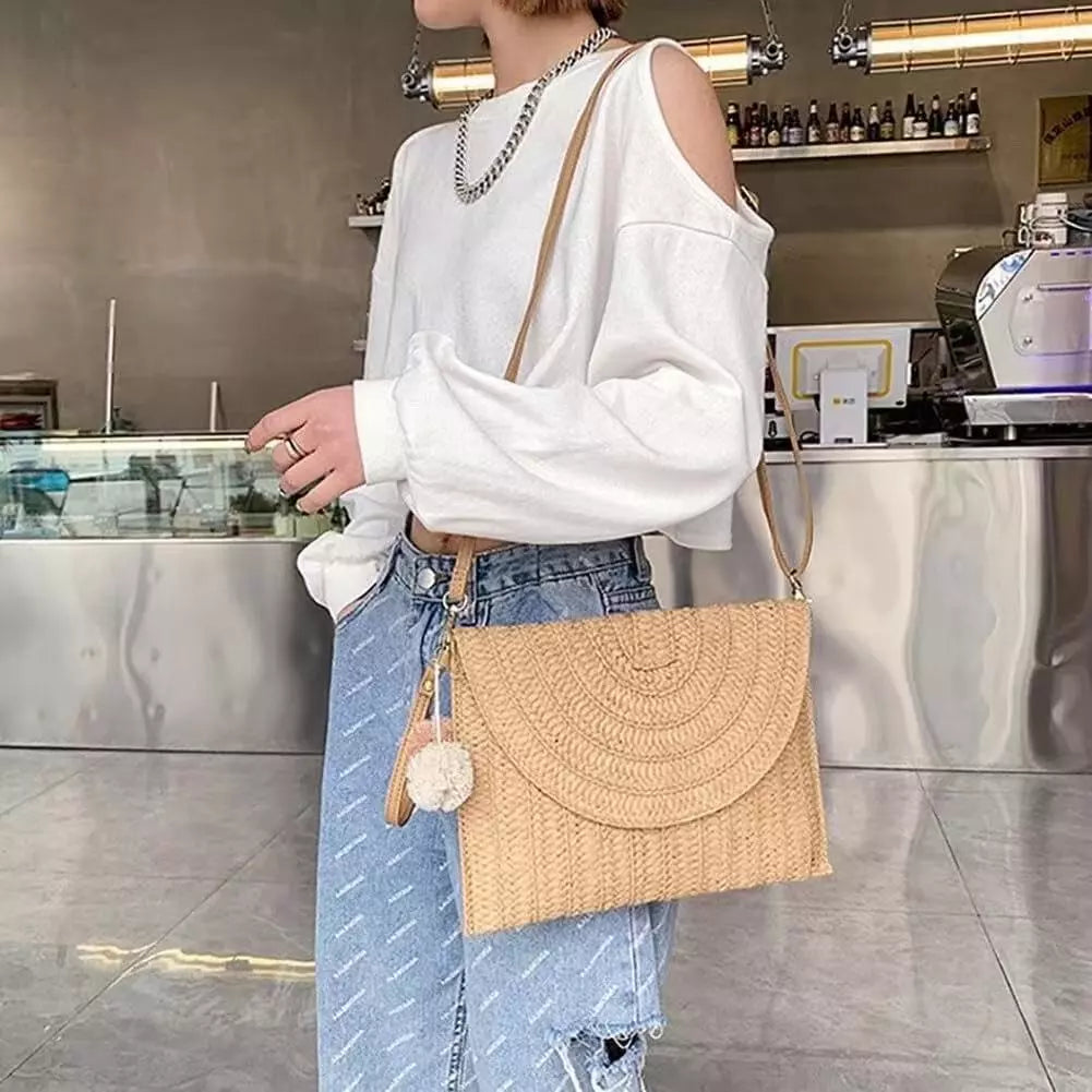 Bolsa Carteira Clutch De Palha Trançado De Ver¤o Alça deMäo Com Alça Regulável Moda Praia com forro