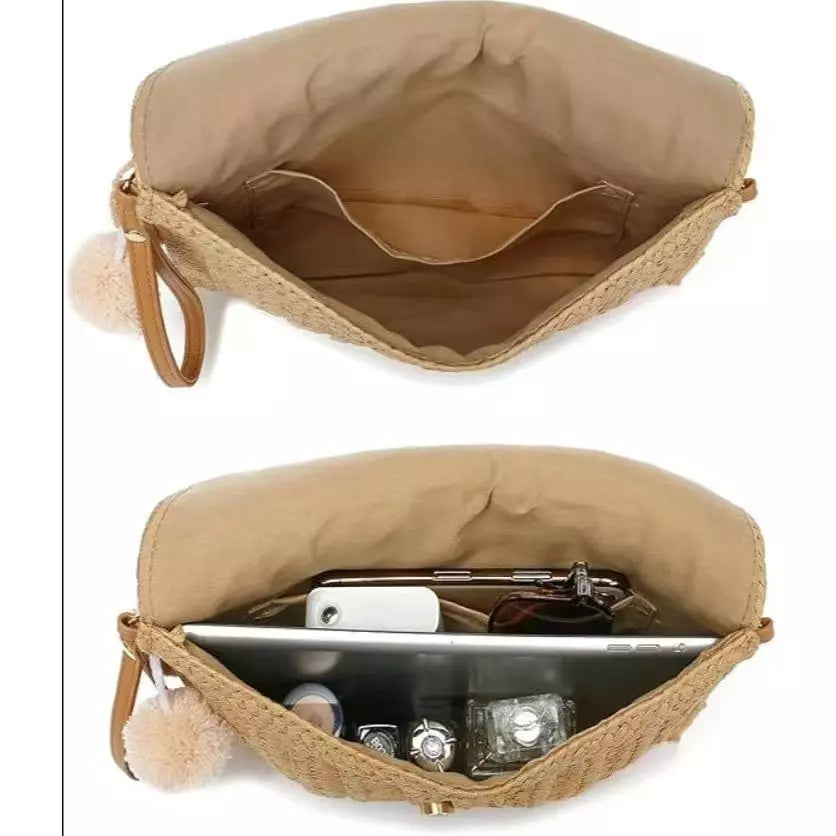 Bolsa Carteira Clutch De Palha Trançado De Ver¤o Alça deMäo Com Alça Regulável Moda Praia com forro