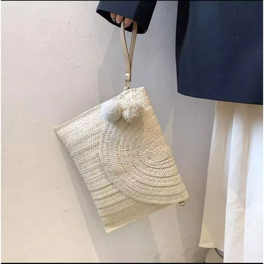 Bolsa Carteira Clutch De Palha Trançado De Ver¤o Alça deMäo Com Alça Regulável Moda Praia com forro