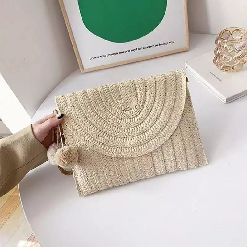 Bolsa Carteira Clutch De Palha Trançado De Ver¤o Alça deMäo Com Alça Regulável Moda Praia com forro