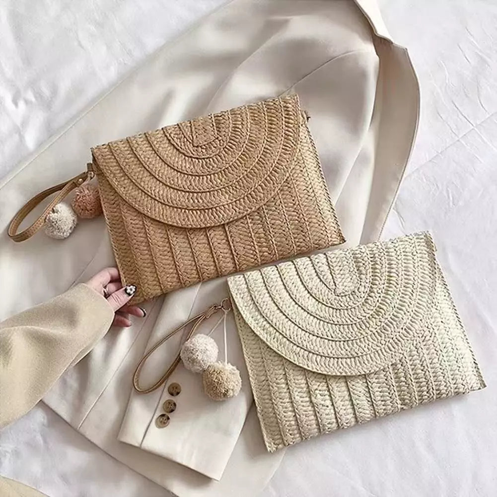 Bolsa Carteira Clutch De Palha Trançado De Ver¤o Alça deMäo Com Alça Regulável Moda Praia com forro