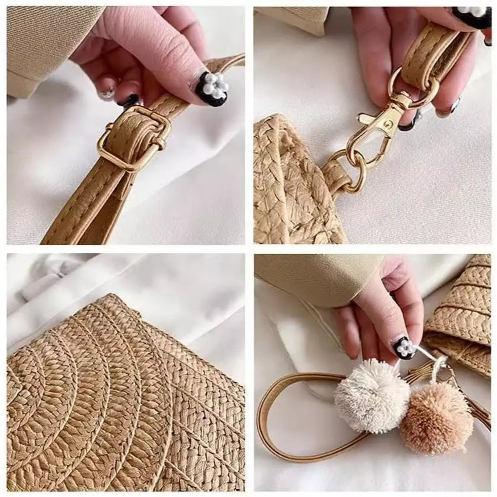 Bolsa Carteira Clutch De Palha Trançado De Ver¤o Alça deMäo Com Alça Regulável Moda Praia com forro