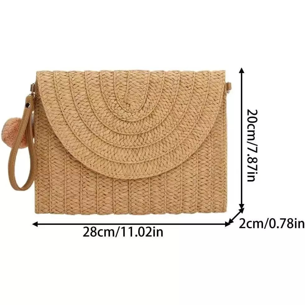 Bolsa Carteira Clutch De Palha Trançado De Ver¤o Alça deMäo Com Alça Regulável Moda Praia com forro